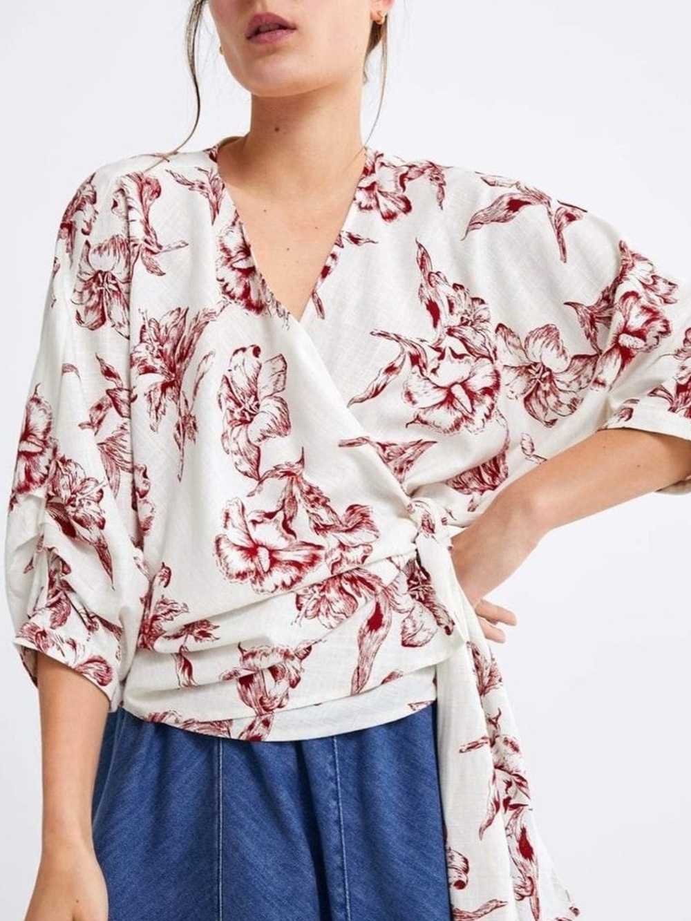 Zara Linen Blend Floral Wrap Blouse Cream Red V-Neck Tie Top S